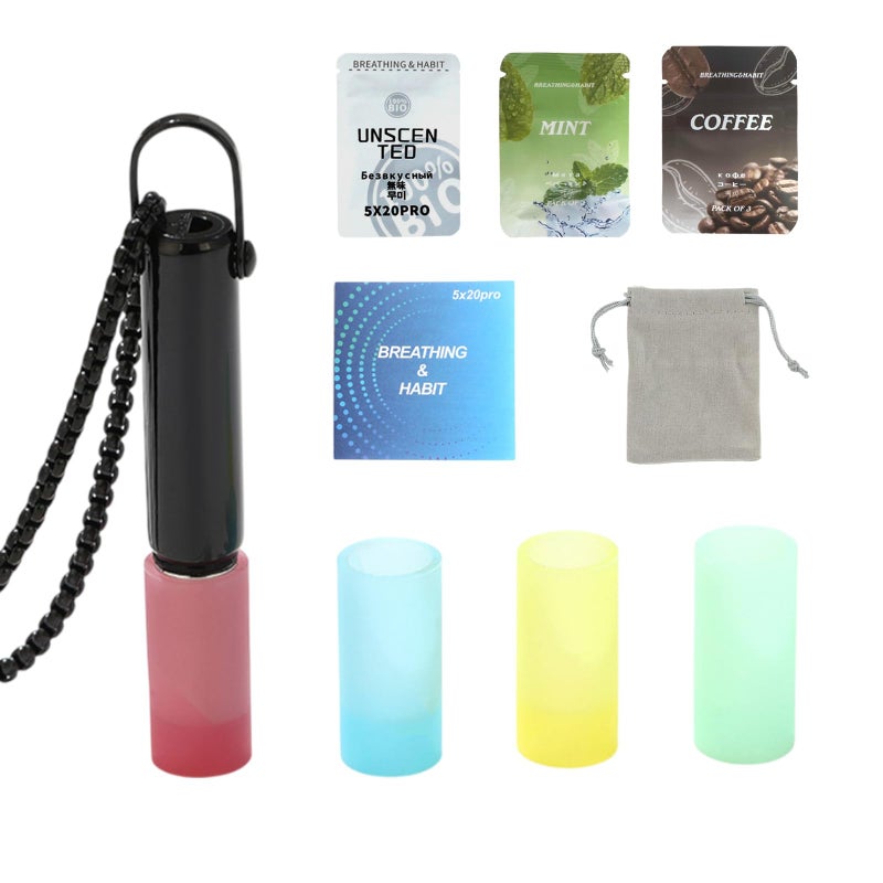 Breathing Necklace with Resistance, Portable Breathe Free Necklace with 4 Resistance, 3 Smell Replaceable Filter Cartridges and Storage Bag for Women Men Meditation (Black)